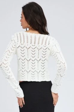 White Round Neck Long Sleeve Crochet Knit Cardigan -FabWear Shop kn1563 40j white 5