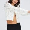 White Crochet Knit Cardigan Long Sleeve Round Neck