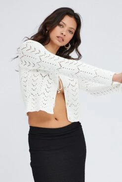 White Crochet Knit Cardigan Long Sleeve Round Neck