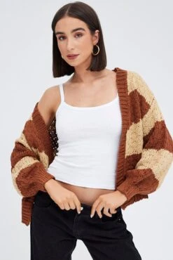 Beige Stripe Oversized Crop Cardigan -FabWear Shop kn1595 41jb stripe 3