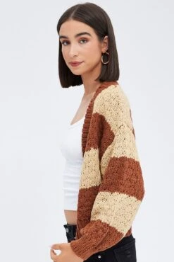 Beige Stripe Oversized Crop Cardigan -FabWear Shop kn1595 41jb stripe 4