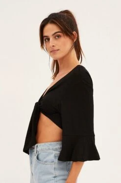 Black Crop Cardigan Tie Up -FabWear Shop kn1679 81jb black 4