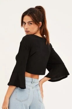 Black Crop Cardigan Tie Up -FabWear Shop kn1679 81jb black 5