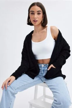 Black Longline Cable Knit Cardigan