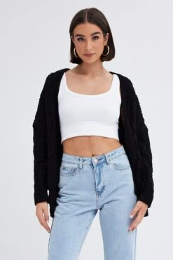 Black Longline Cable Knit Cardigan -FabWear Shop kn1725 41jb black 3