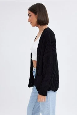 Black Longline Cable Knit Cardigan -FabWear Shop kn1725 41jb black 4
