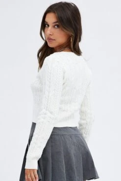 White Cardigan Long Sleeve Crew Neck -FabWear Shop kn1936 12jb white 5