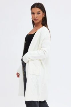 White Longline Cable Knit Cardigan -FabWear Shop kn2004 45jb white 4