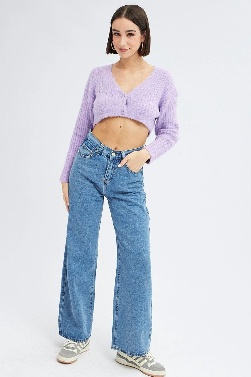 Purple Crop Knit Cardigan V Neck 2 Purple Crop Knit Cardigan V Neck - Image 2