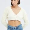 White Crop Knit Cardigan V Neck
