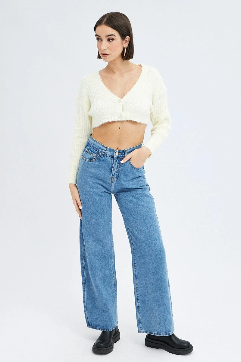 White Crop Knit Cardigan V Neck 2 White Crop Knit Cardigan V Neck - Image 2