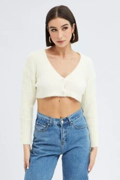 White Crop Knit Cardigan V Neck 8 White Crop Knit Cardigan V Neck -FabWear Shop kn2051 41jb white 3