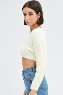 White Crop Knit Cardigan V Neck 9 White Crop Knit Cardigan V Neck -FabWear Shop kn2051 41jb white 4
