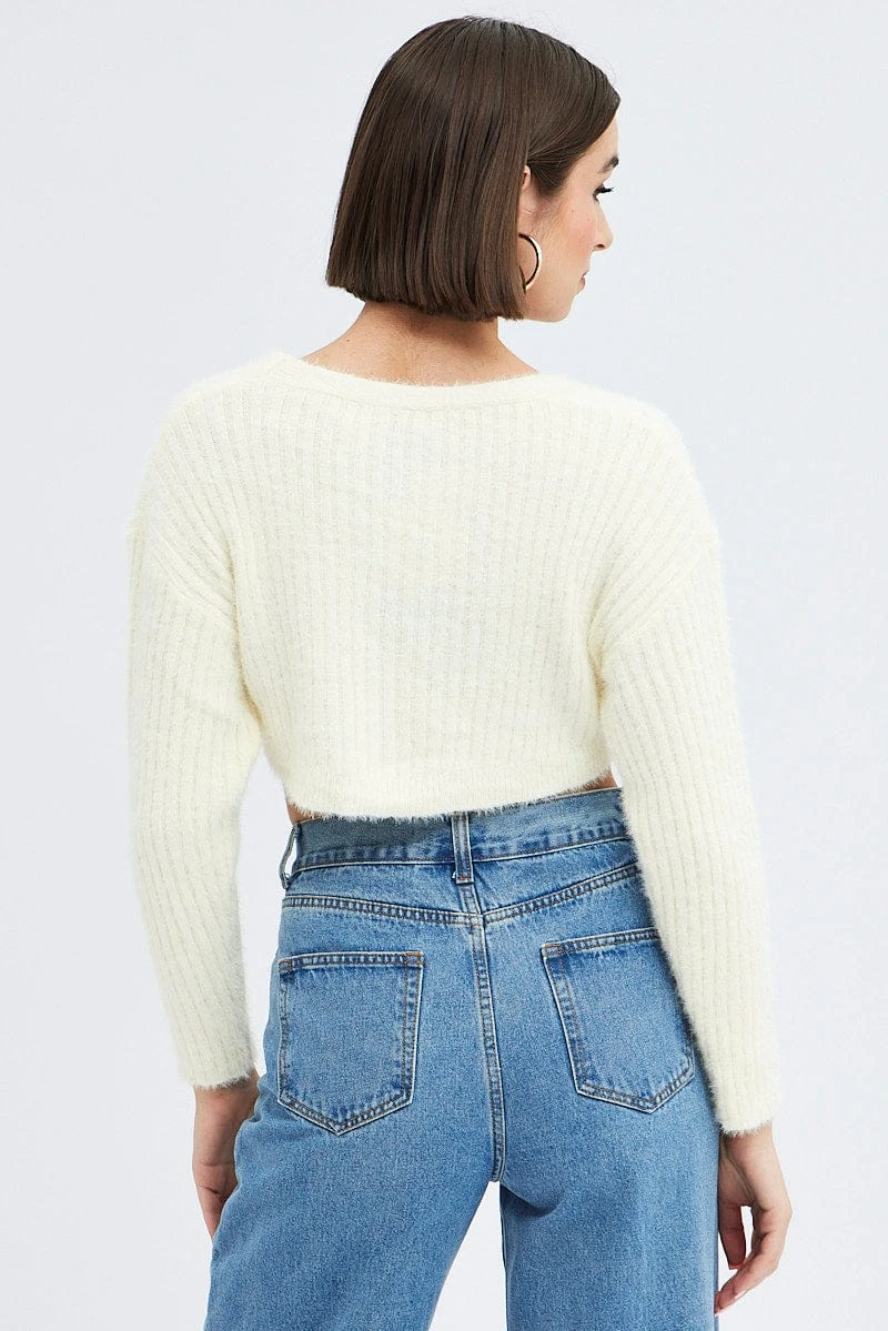 White Crop Knit Cardigan V Neck 5 White Crop Knit Cardigan V Neck - Image 5