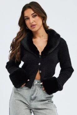 Black Knit Cardigan Fur Trim -FabWear Shop kn2066 41jb black 3
