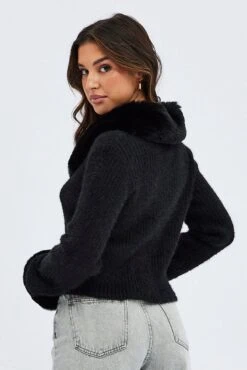 Black Knit Cardigan Fur Trim -FabWear Shop kn2066 41jb black 5