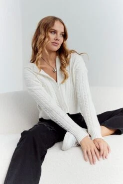 White Cable Knit Cardigan Hooded