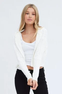 White Cable Knit Cardigan Hooded -FabWear Shop kn2095 41jb white 3