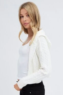 White Cable Knit Cardigan Hooded -FabWear Shop kn2095 41jb white 4