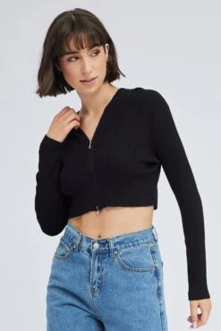 Black Knit Zip Up Cardigan Hooded -FabWear Shop kn2122 40jb black 3