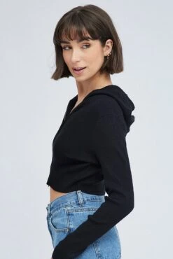 Black Knit Zip Up Cardigan Hooded -FabWear Shop kn2122 40jb black 4