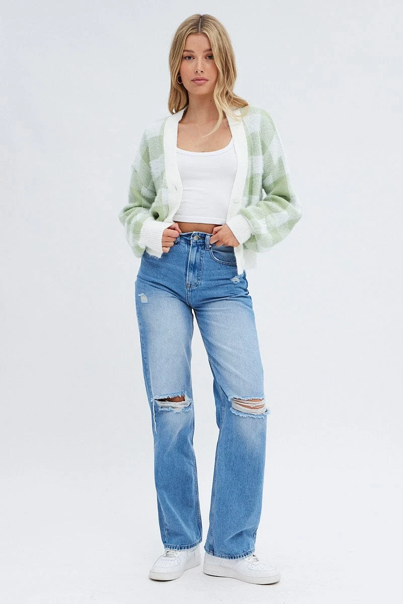 Green Check Crop Knit Cardigan Check 2 Green Check Crop Knit Cardigan Check - Image 2