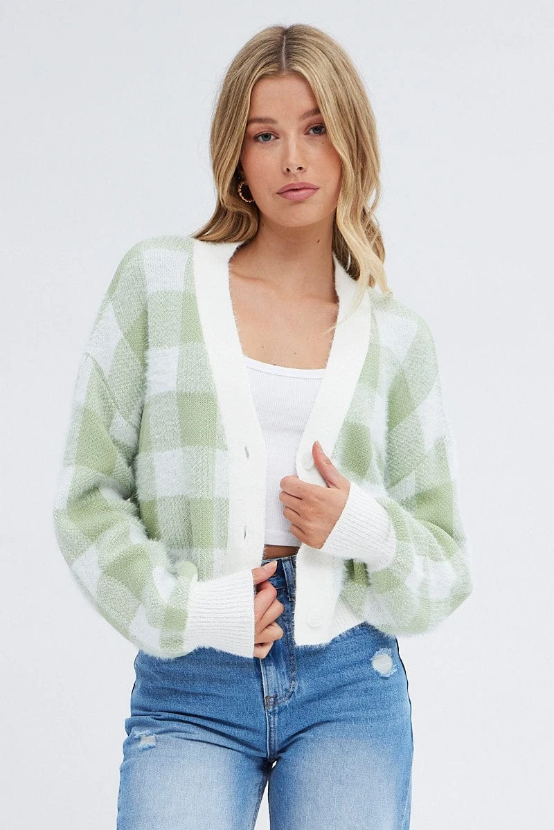 Green Check Crop Knit Cardigan Check 3 Green Check Crop Knit Cardigan Check - Image 3