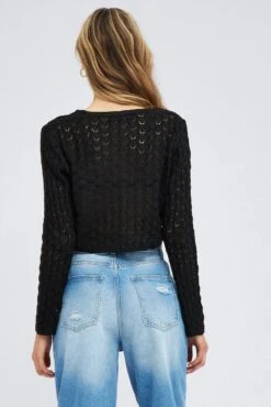 Black Crochet Knit Cardigan Long Sleeve -FabWear Shop kn2224 41jb black 5