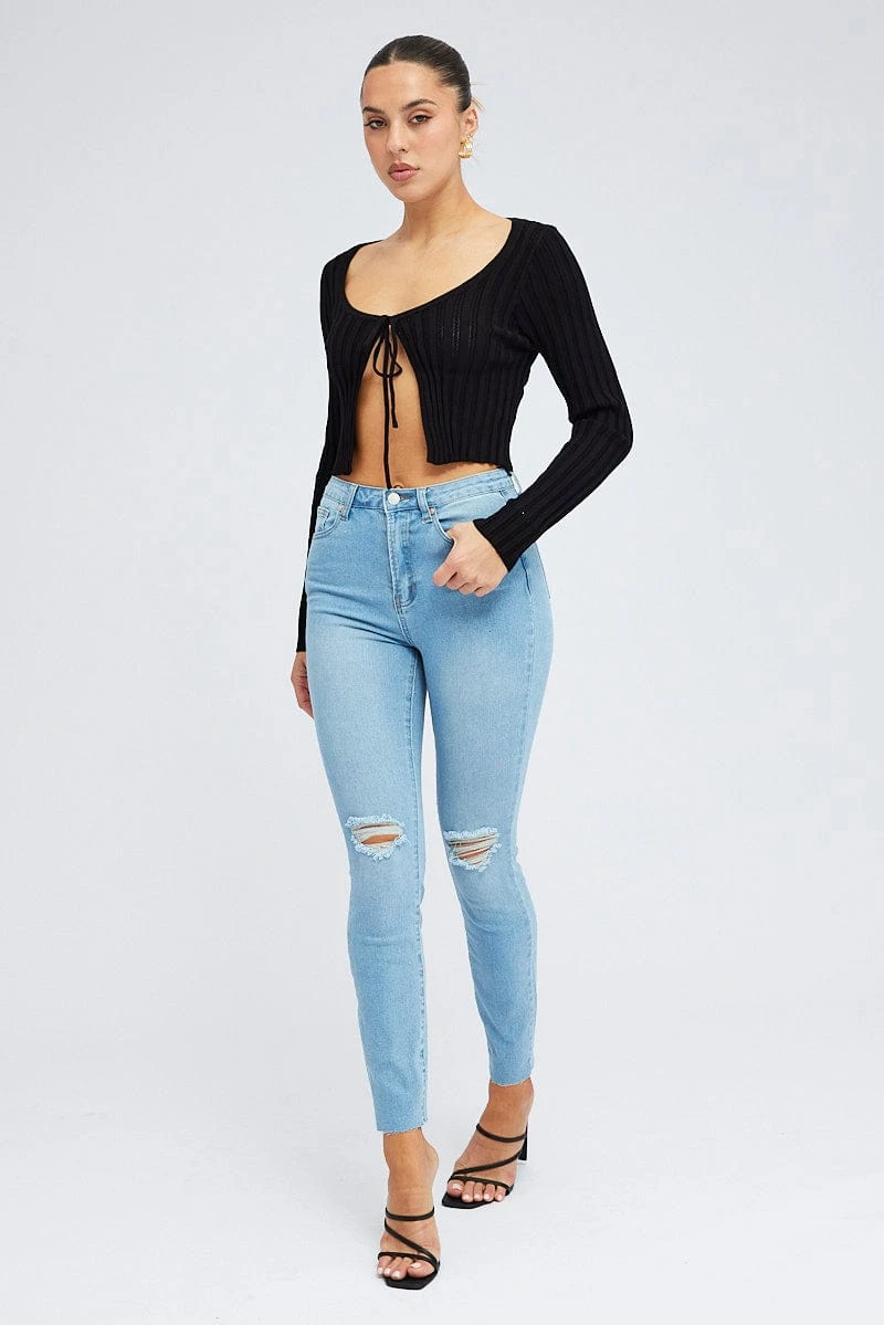 Black Tie Up Cardigan Long Sleeve Scoop Neck 2 Black Tie Up Cardigan Long Sleeve Scoop Neck - Image 2