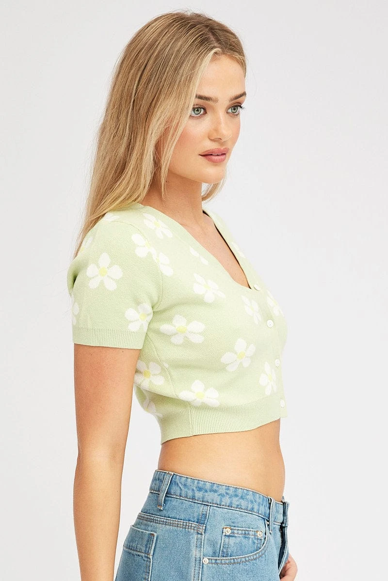 Green Floral Knit Cardigan Short Sleeve 4 Green Floral Knit Cardigan Short Sleeve - Image 4
