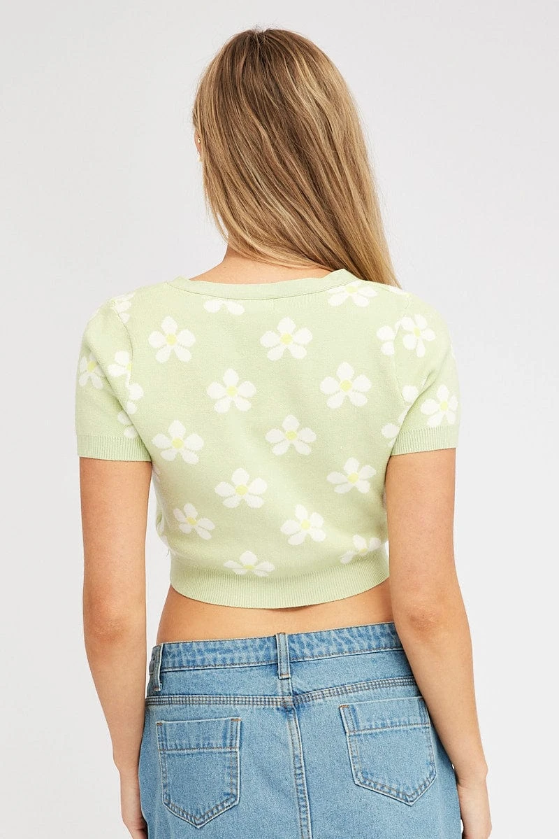 Green Floral Knit Cardigan Short Sleeve 5 Green Floral Knit Cardigan Short Sleeve - Image 5