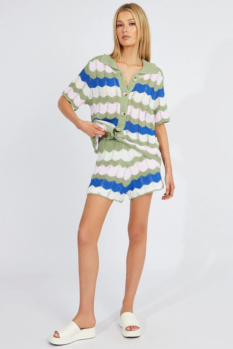 Multi Stripe Collar Knit Cardigan Short Sleeve 1 Multi Stripe Collar Knit Cardigan Short Sleeve