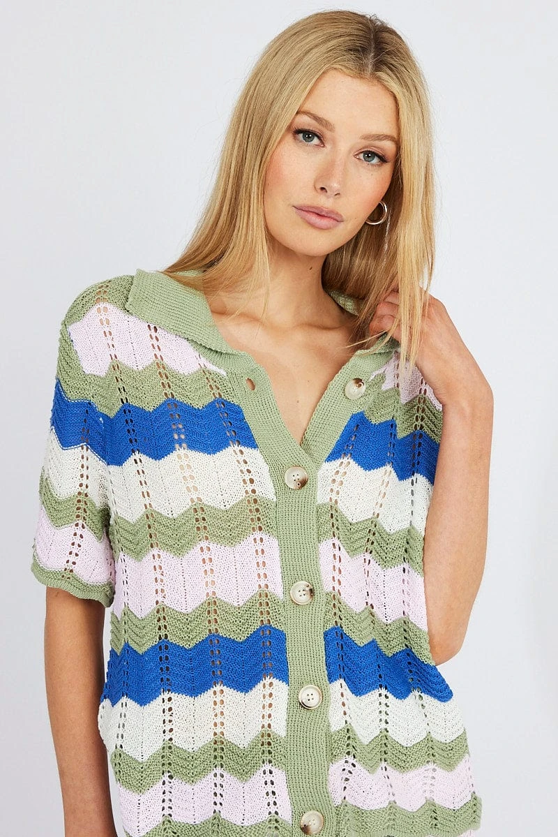 Multi Stripe Collar Knit Cardigan Short Sleeve 2 Multi Stripe Collar Knit Cardigan Short Sleeve - Image 2