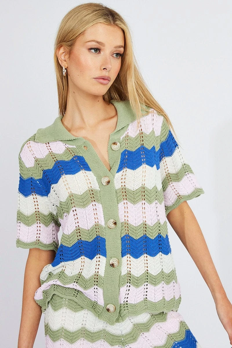 Multi Stripe Collar Knit Cardigan Short Sleeve 3 Multi Stripe Collar Knit Cardigan Short Sleeve - Image 3