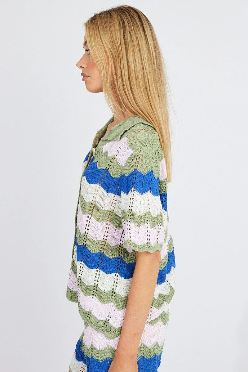 Multi Stripe Collar Knit Cardigan Short Sleeve 4 Multi Stripe Collar Knit Cardigan Short Sleeve - Image 4