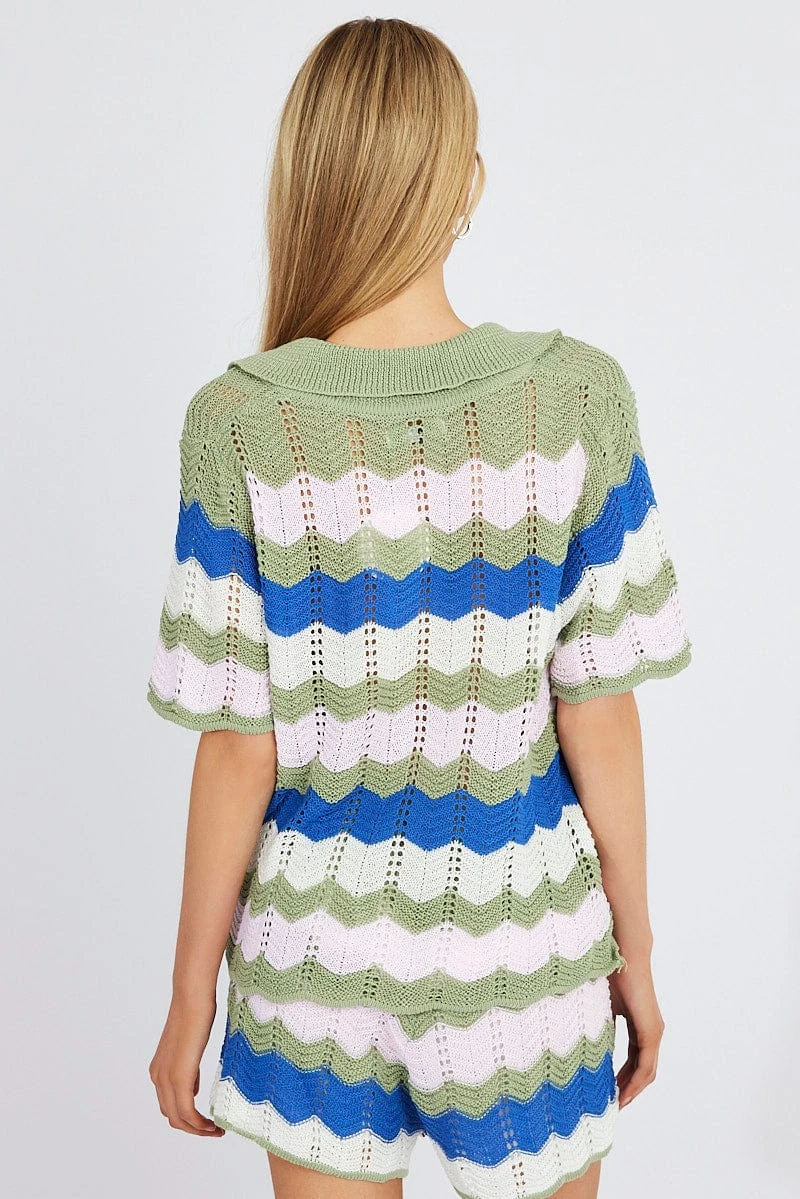 Multi Stripe Collar Knit Cardigan Short Sleeve 5 Multi Stripe Collar Knit Cardigan Short Sleeve - Image 5