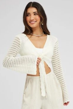 White Crochet Tie Up Cardigan 8 White Crochet Tie Up Cardigan -FabWear Shop kn2341 41j cream 3