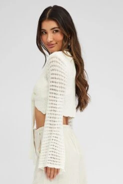White Crochet Tie Up Cardigan 9 White Crochet Tie Up Cardigan -FabWear Shop kn2341 41j cream 4