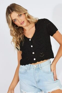 Black Crochet Knit Cardigan Short Sleeve -FabWear Shop kn2434 41j black 3