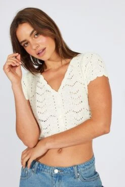 White Crochet Knit Cardigan Short Sleeve -FabWear Shop kn2434 41j white 3