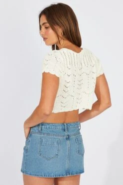 White Crochet Knit Cardigan Short Sleeve -FabWear Shop kn2434 41j white 5