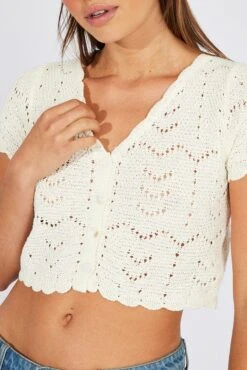 White Crochet Knit Cardigan Short Sleeve -FabWear Shop kn2434 41j white 6
