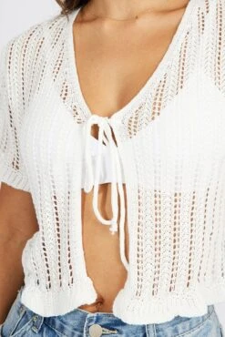 White Tie Up Cardigan Short Sleeve -FabWear Shop kn2435 41j white 6