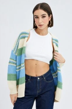 Blue Stripe Oversized Knit Cardigan -FabWear Shop kn2697 41pb stripe 3