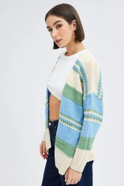 Blue Stripe Oversized Knit Cardigan -FabWear Shop kn2697 41pb stripe 4