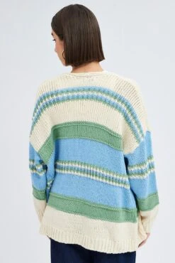 Blue Stripe Oversized Knit Cardigan -FabWear Shop kn2697 41pb stripe 5
