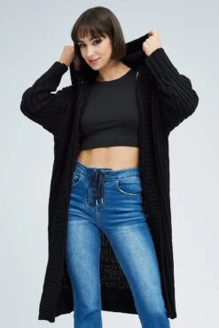 Black Oversized Longline Cardigan Hooded