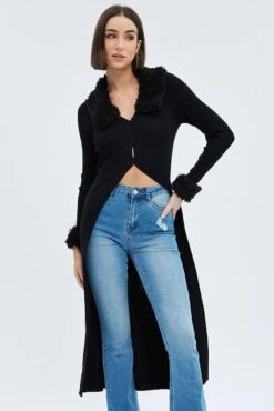 Black Longline Knit Cardigan Faux Fur Trim Ribbed -FabWear Shop kn3028 40p black 3