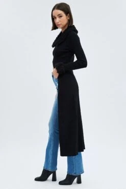 Black Longline Knit Cardigan Faux Fur Trim Ribbed -FabWear Shop kn3028 40p black 4