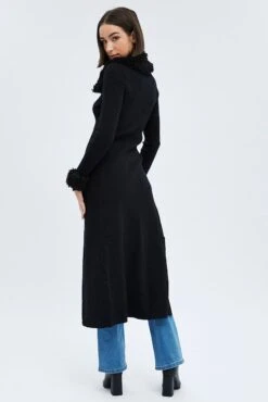 Black Longline Knit Cardigan Faux Fur Trim Ribbed -FabWear Shop kn3028 40p black 5